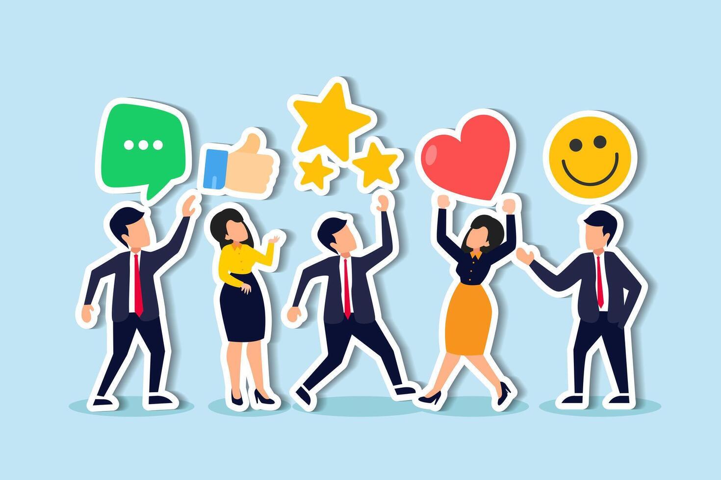 Customer feedback, user experience or client satisfaction, opinion for product and services, review rating or evaluation concept, young adult people giving emoticon feedback such as stars, thumbs up. vector