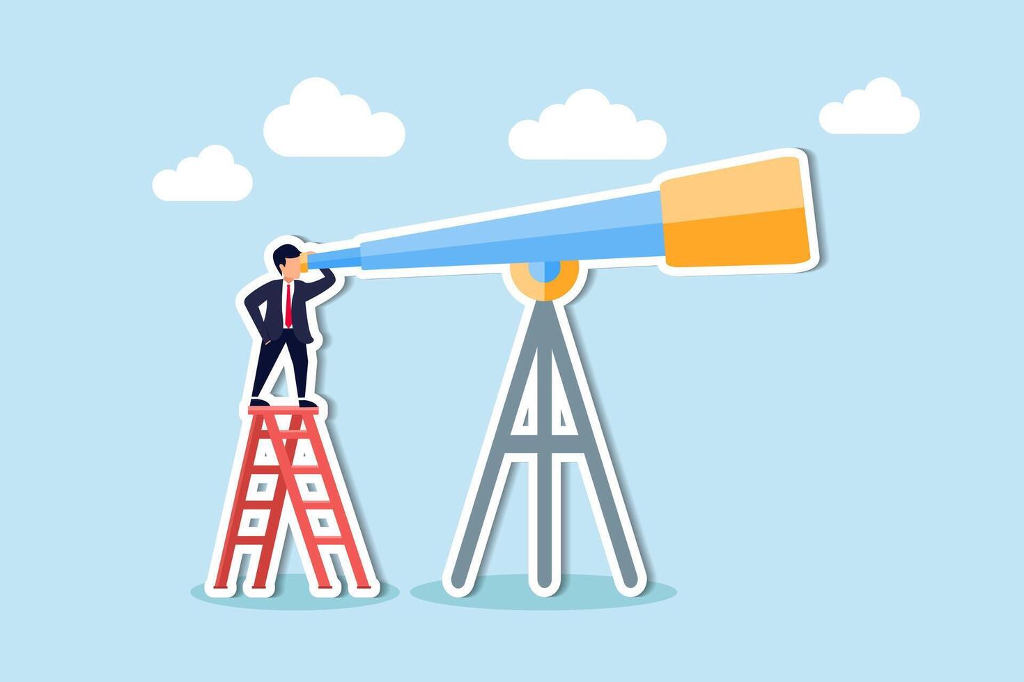 Long term plan or business strategy for far future, looking for opportunity, forecast and visionary, discover long term goal concept, businessman looking through oversized long telescope to see future vector