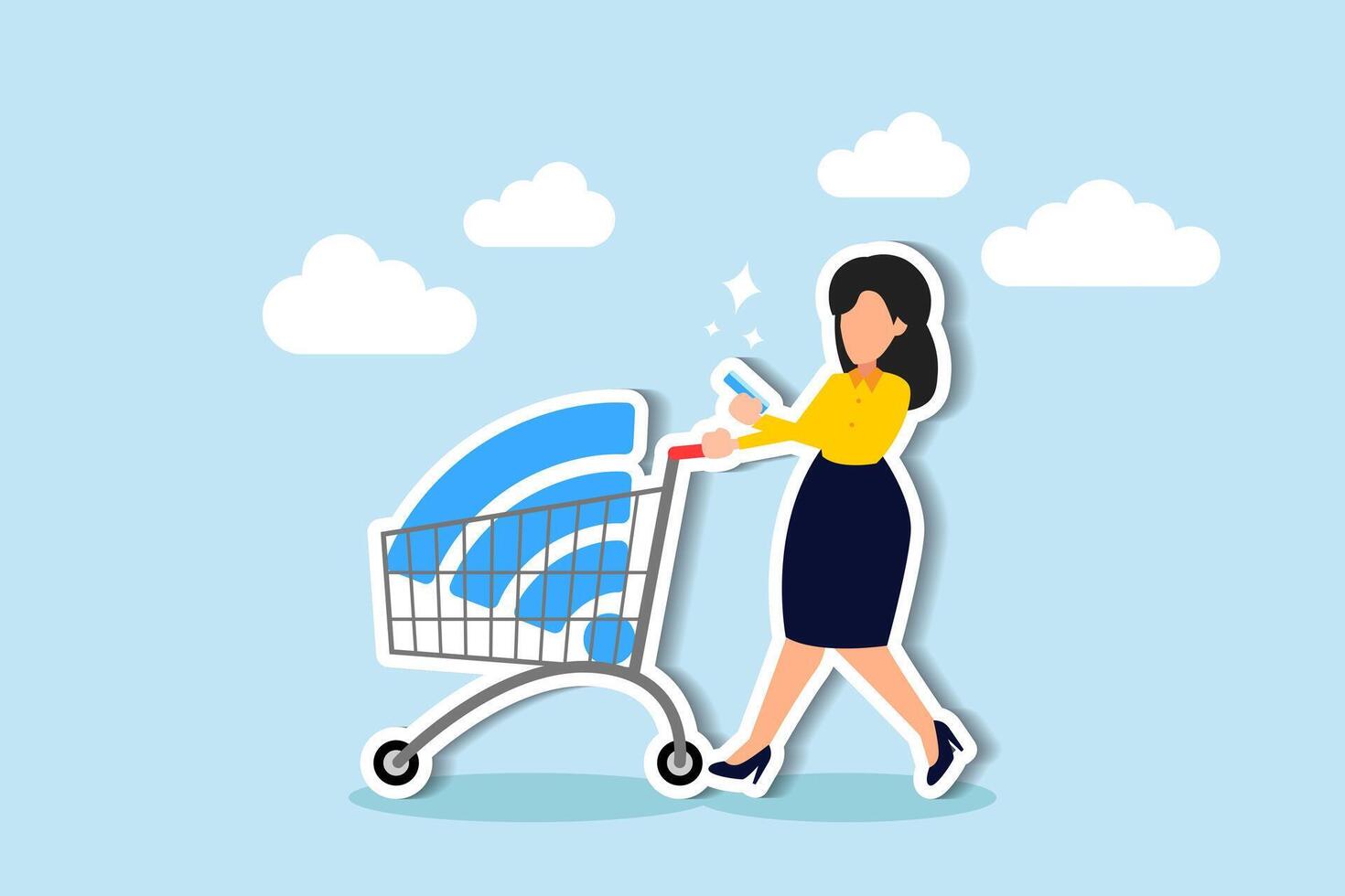 Shop easily on mobile, buy products via user-friendly e-commerce app or website concept, happy young woman using mobile e-commerce app with big wifi sign in shopping cart trolley. vector