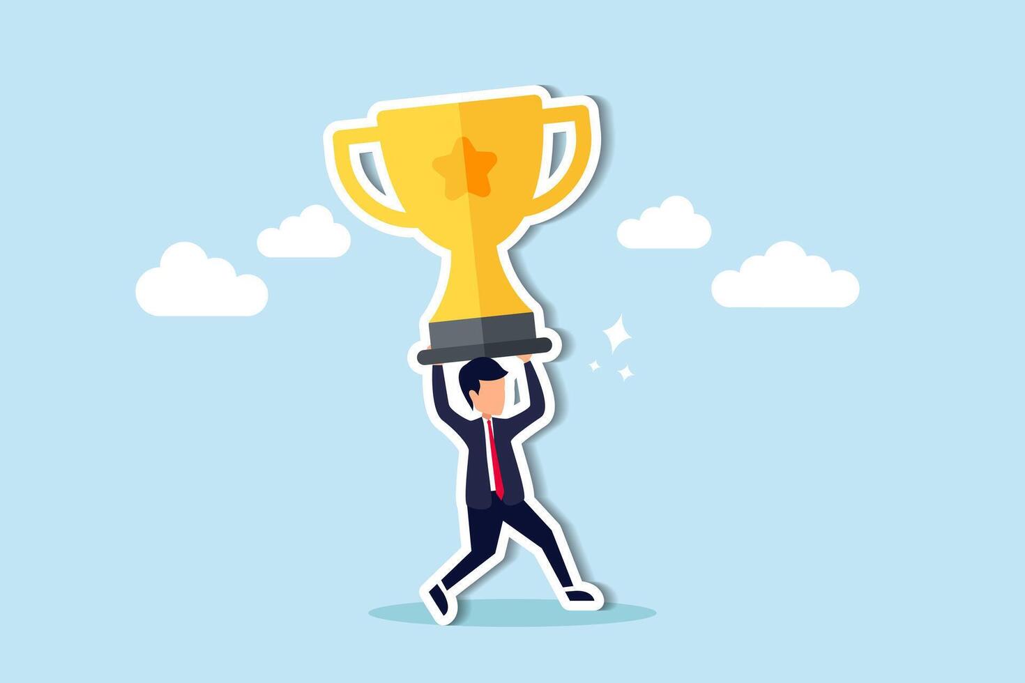 Attain big success, conquer large scale challenges, and strive for award winning efforts concept, confidence businessman entrepreneur carrying big winner trophy. vector