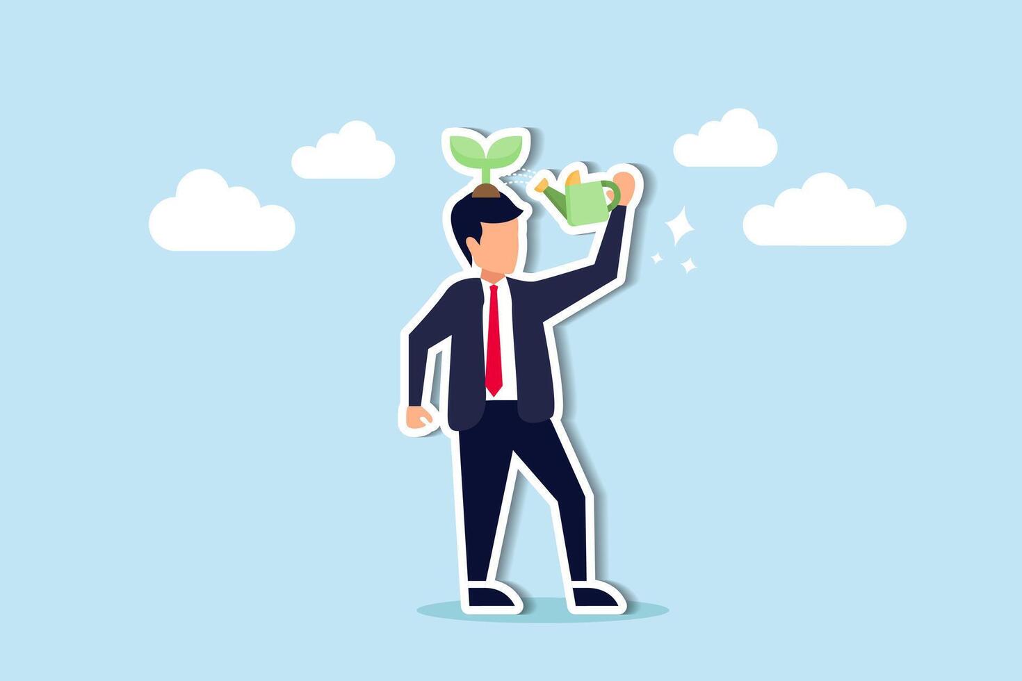 Fostering growth, a businessman with a growth mindset uses a watering can to nurture a seedling, symbolizing self-improvement and a positive attitude for learning. vector