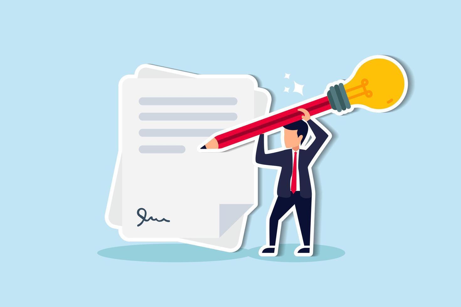 Copywriter Blogger Creative inspiration, imagination, talent, skill for successful writing concept, smart young man using big pencil with lightbulb idea writing on paper. vector