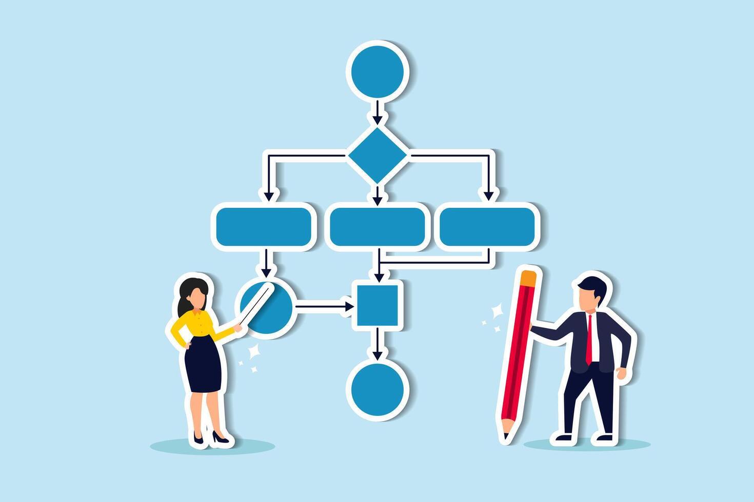 Business process, workflow diagram or model design, flowchart to get result, map or plan for business procedure, solution, strategy to implement concept, business people drawing workflow process. vector