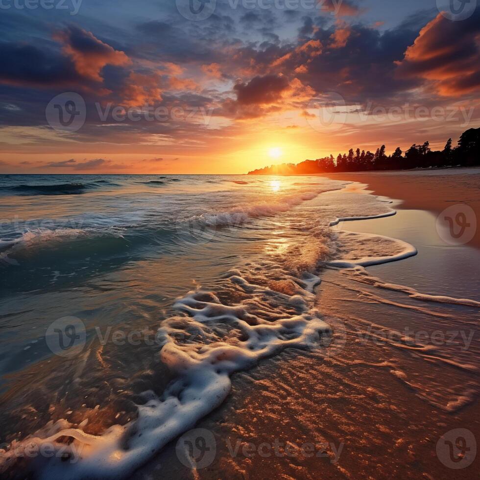 AI Generated landscape with sea sunset on beach photo