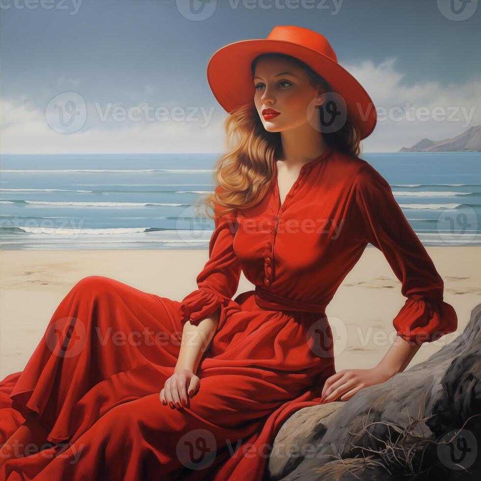 AI Generated Beautiful girl in red hat photo