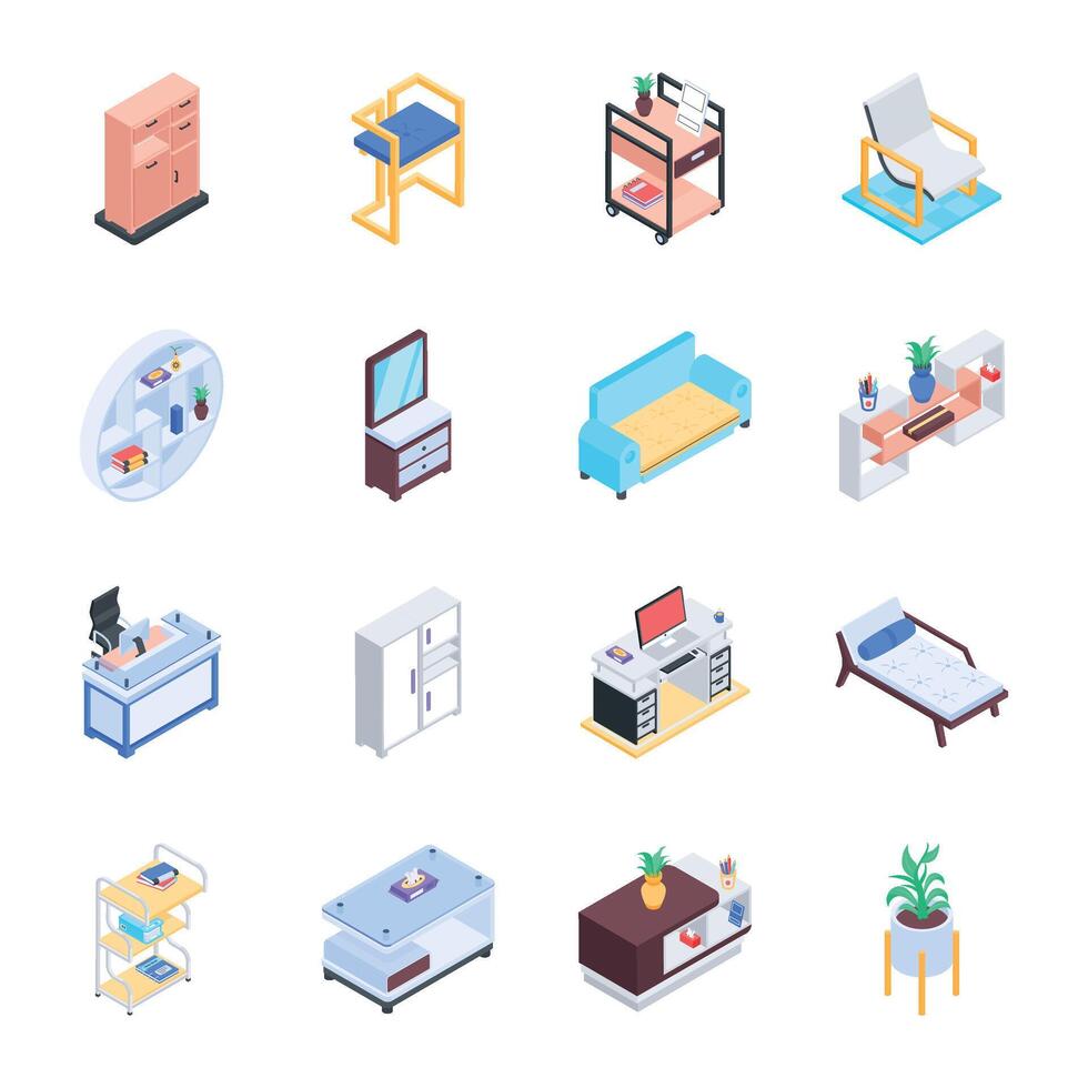 Isometric Icons Depicting Wooden Furniture vector