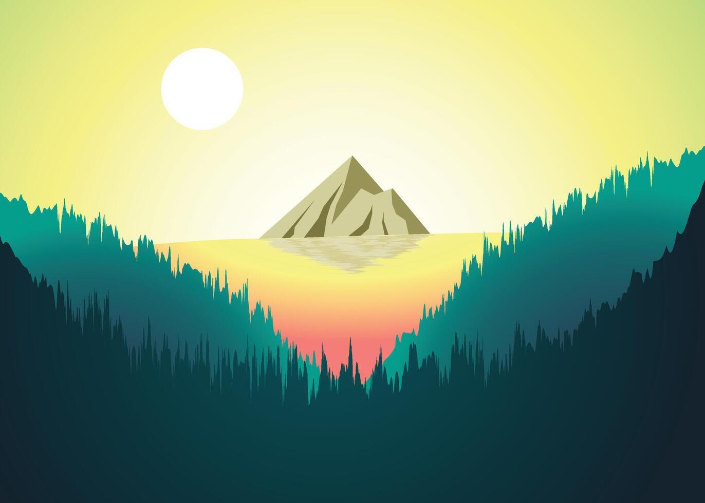 Beautiful Cartoon fantasy Landscape with mountain in the middle of the lake vector