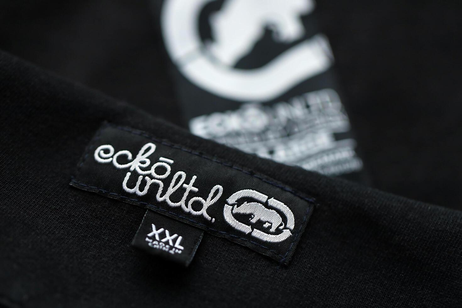 KYIV, UKRAINE - 4 MAY, 2023 Ecko Unltd company logo on new brand clothes photo