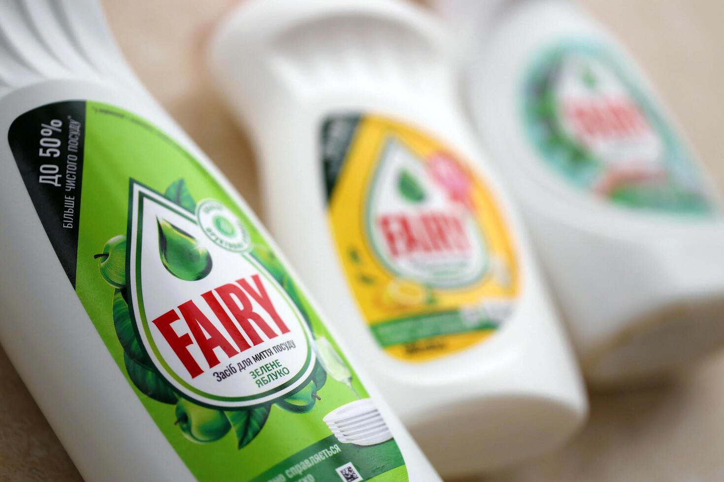 KYIV, UKRAINE - OCTOBER 31, 2023 Bottle of Fairy washing up Liquid produced by Procter and Gamble and sold in most parts of Europe photo