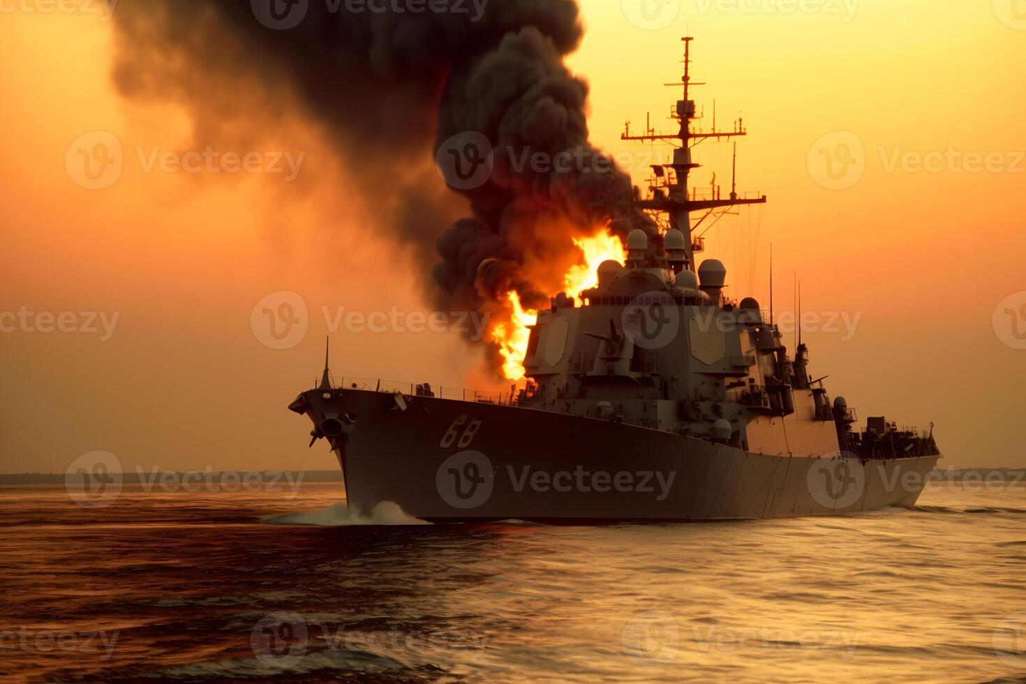 AI generated War concept. Night battle scene at sea. warship on fire. Neural network AI generated photo