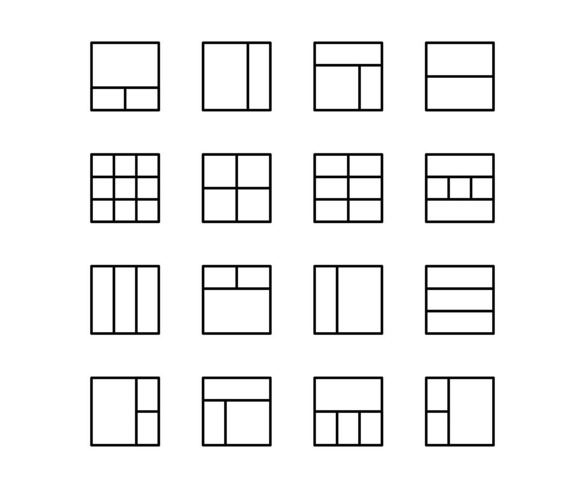 Vector black line icon set grid layout. Website element sign application guide menu and drafting template concept. Guideline development sketch and window browser content contour
