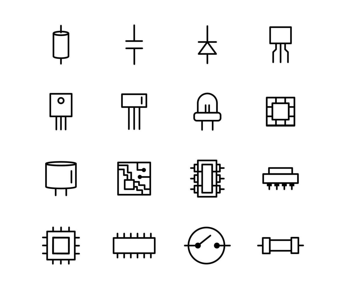 Vector black line icon set electronic component. Computer digital datum hardware chip and electricity pictogram. Power element tech device and collection microchip industry