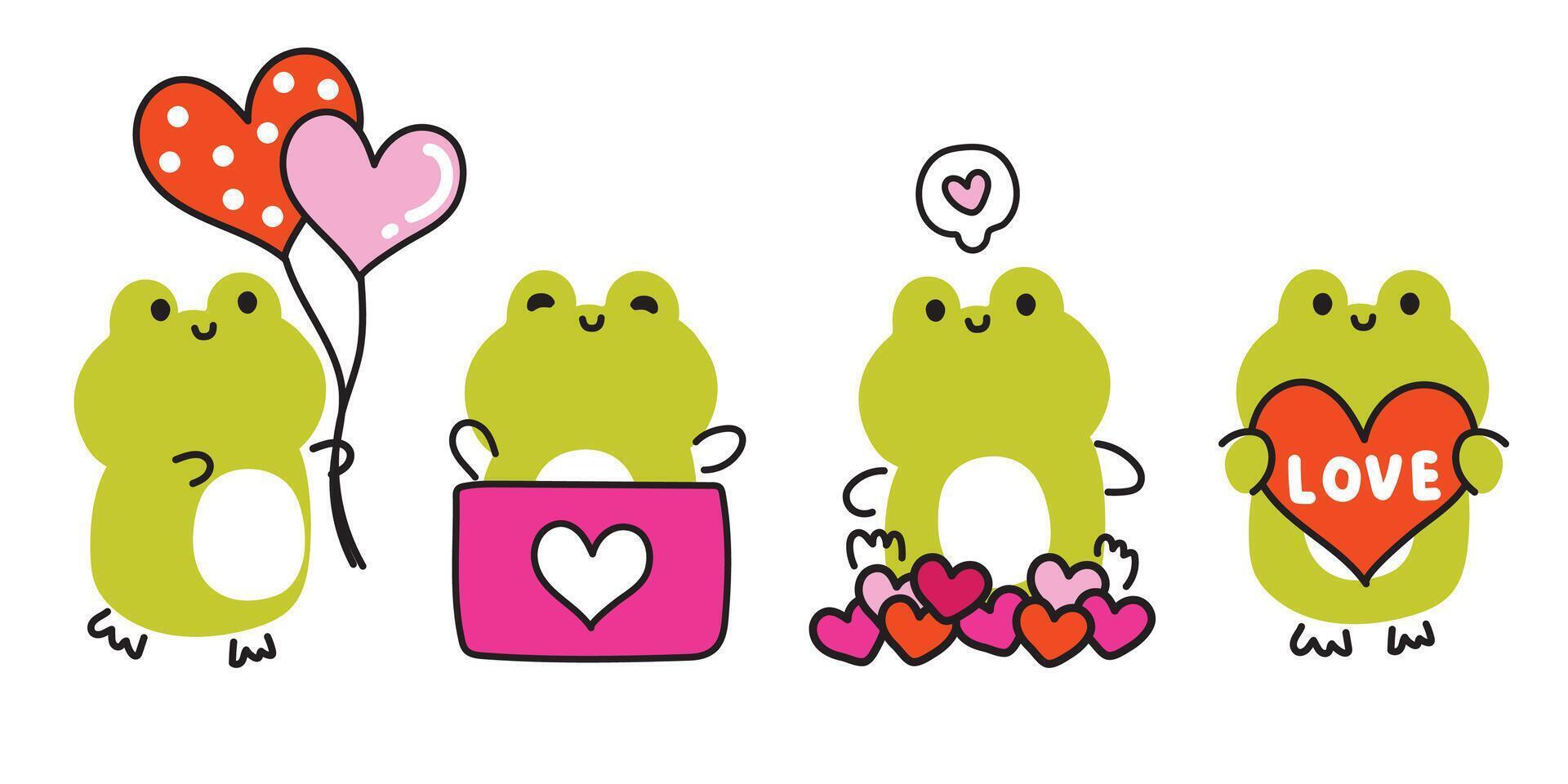 Set of cute frog line hand drawn style in various poses with heart on white background.Valentines day.Reptile animal character cartoon design.Kid graphic.Kawaii.Vector.Illustration. vector