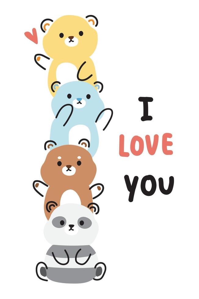 Cute teddy bear line hand drawn style stay together with I love you text on white background.Wild animal charcter cartoon design.Minimal.Pastel.Kawaii.Vector.Ilkustration. vector