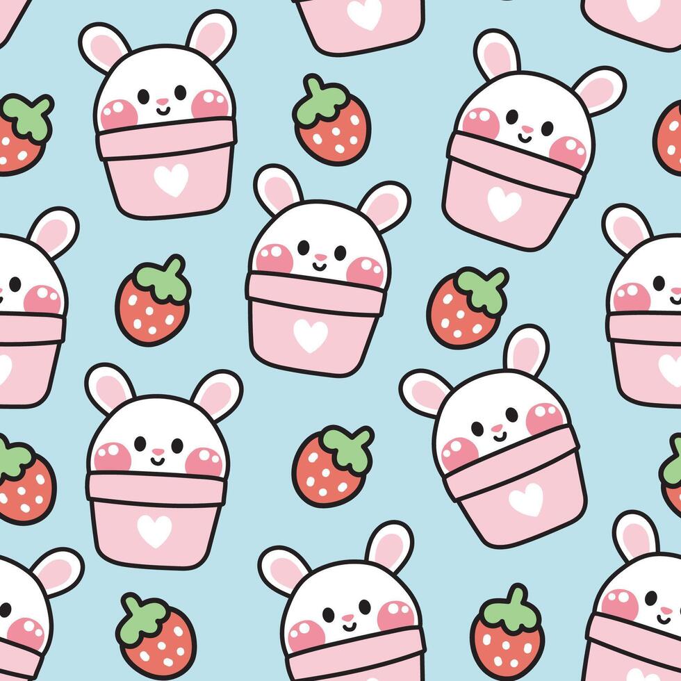 Seamless pattern of cute rabbit in pot with strawberry  on blue background.Rodent animal character cartoon design.Bunny.Fruit.Kawaii.Vector.Illustration. vector