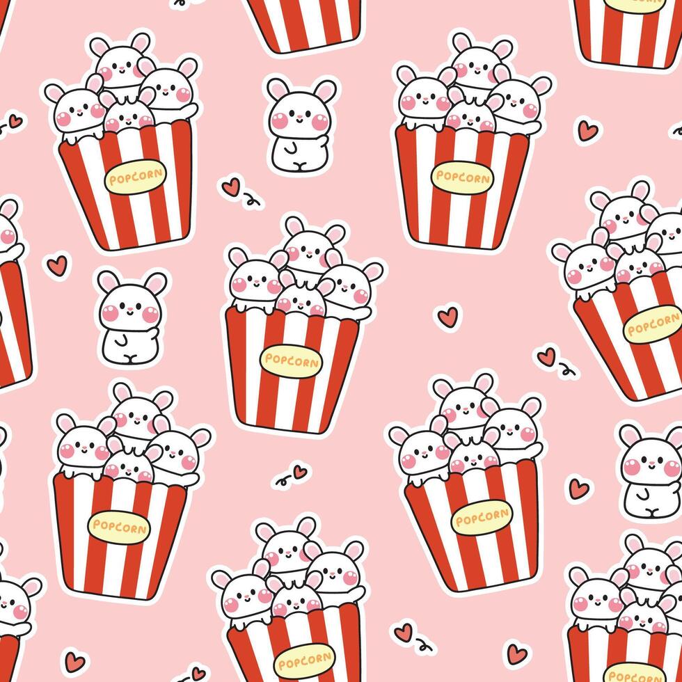 Seamless pattern of cute rabbit popcorn with heart on pink background.Rodent animal character cartoon design.Cinema.Movie.Snack.Kawaii.Vector.Illustration. vector