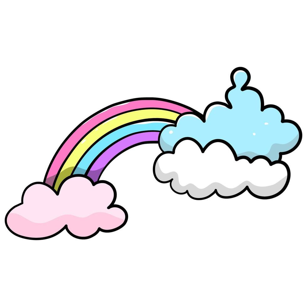 Rainbow with cute clouds, bright cartoon vector illustration on white background.