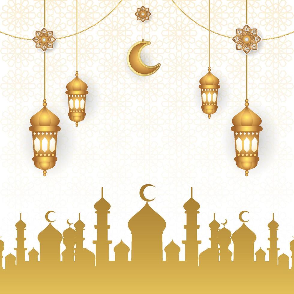 Islamic background with lanterns garland and mosque background vector