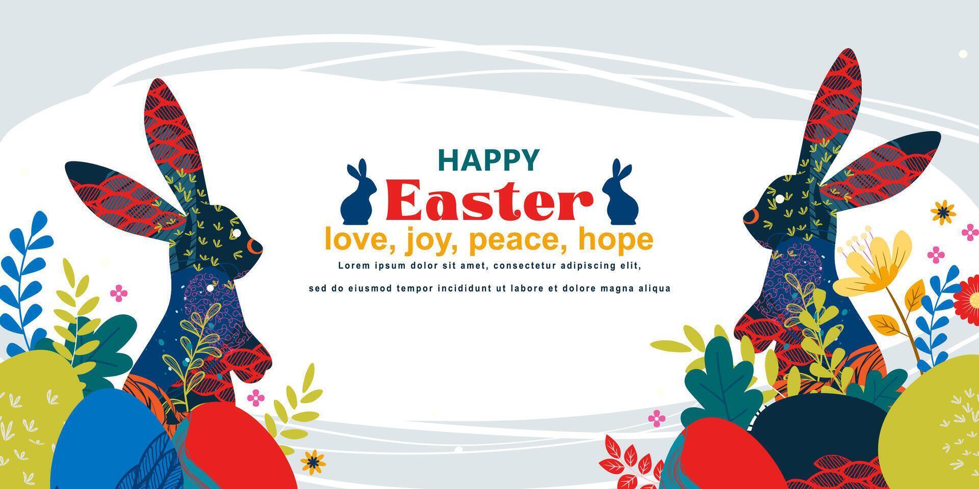 Happy Easter banner with frame made of eggs  bunnies and spring flowers in flat style vector
