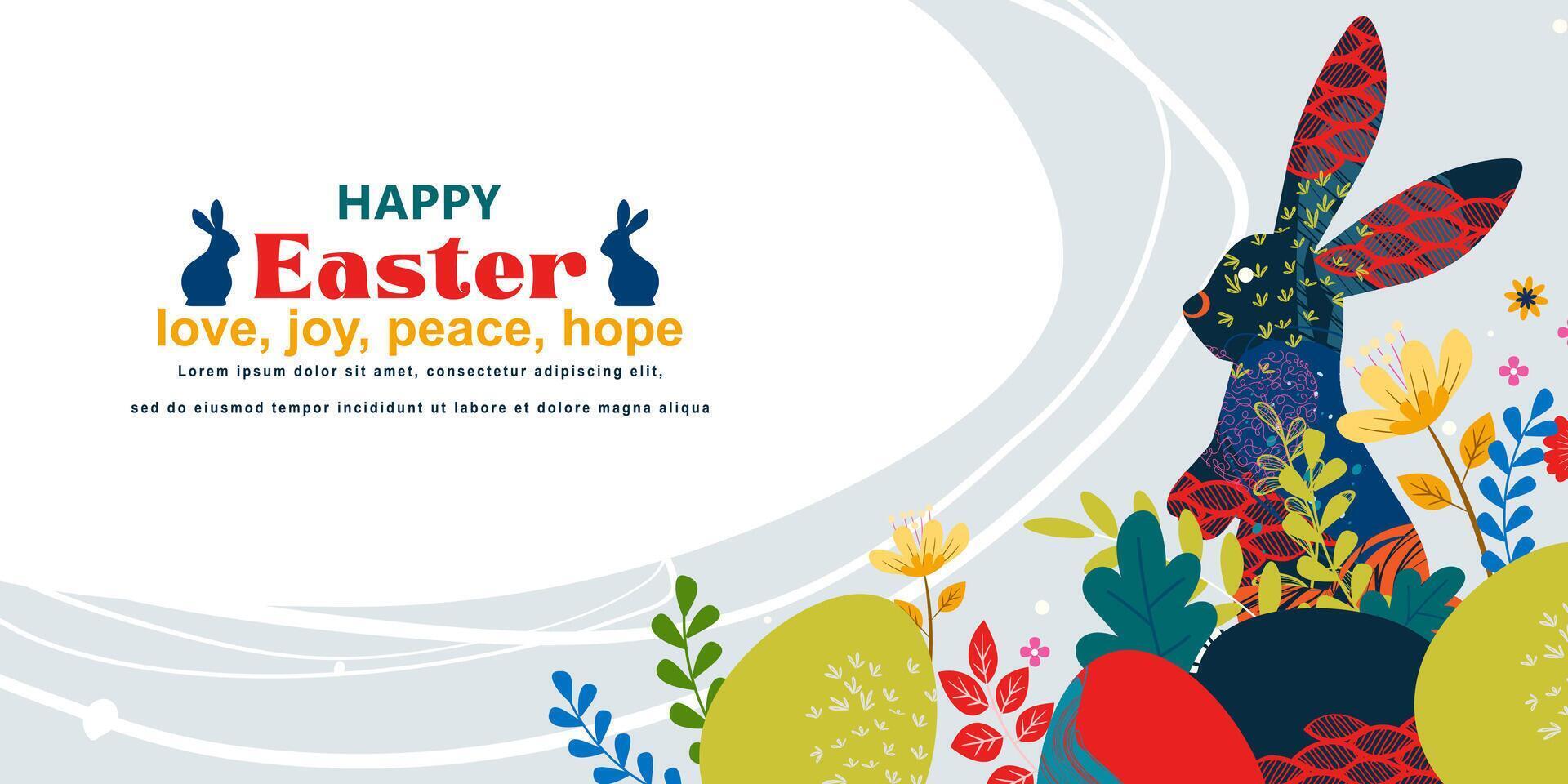 contento Pascua de Resurrección bandera con marco hecho de huevos conejitos y primavera flores en plano estilo vector