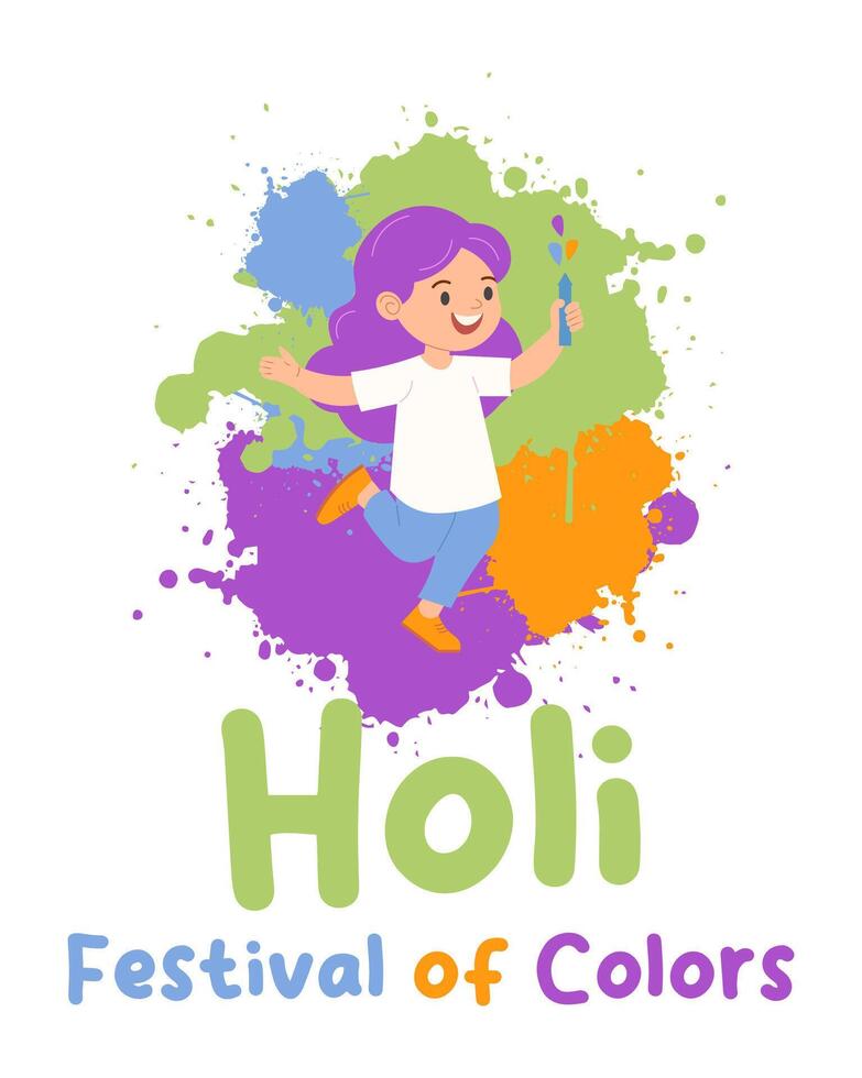 poster happy Holi Indian festival. Cartoon girl Play Holi. vector illustration flat.