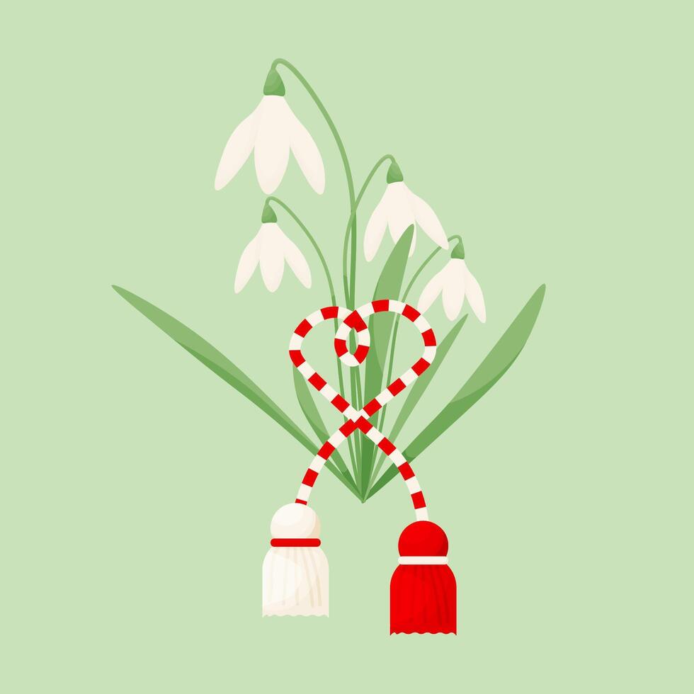 martisor horizontal banner. red-white ribbon with snowdrops. Vector illustration