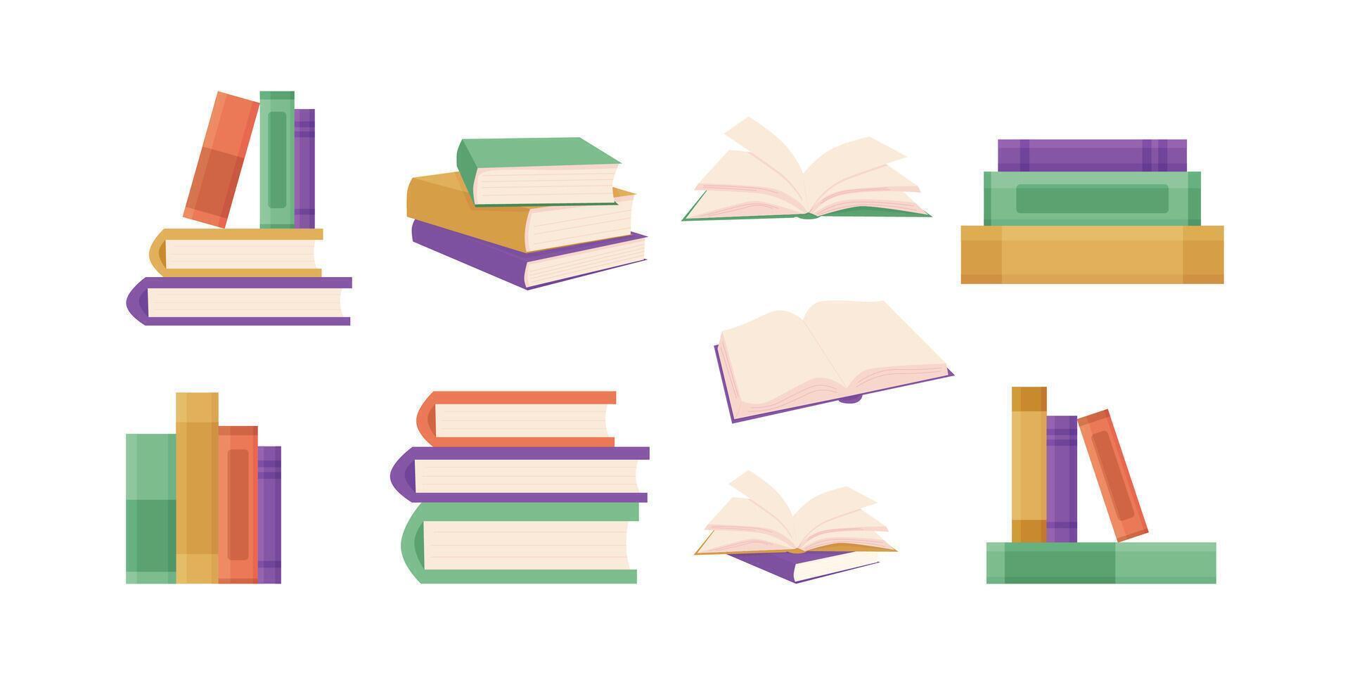 un conjunto de libros, libros de texto vector ilustración con abierto libros, pilas de libros, cerrado libros. el concepto de educación, biblioteca, comercio, leyendo club