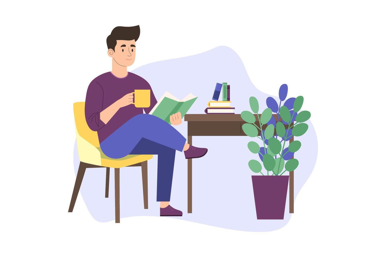 un hombre es sentado en un Sillón a hogar con un libro y un taza de café. un plano vector ilustración aislado en un blanco antecedentes. yo amor libros.