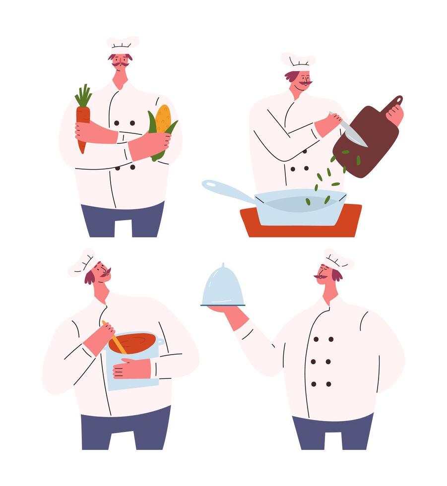 conjunto de cocinero personaje en uniforme Cocinando alimento, plano vector ilustración aislado en blanco antecedentes. hombre profesionalmente Cocinando comida en restaurante. abastecimiento Servicio o receta diseño elemento.