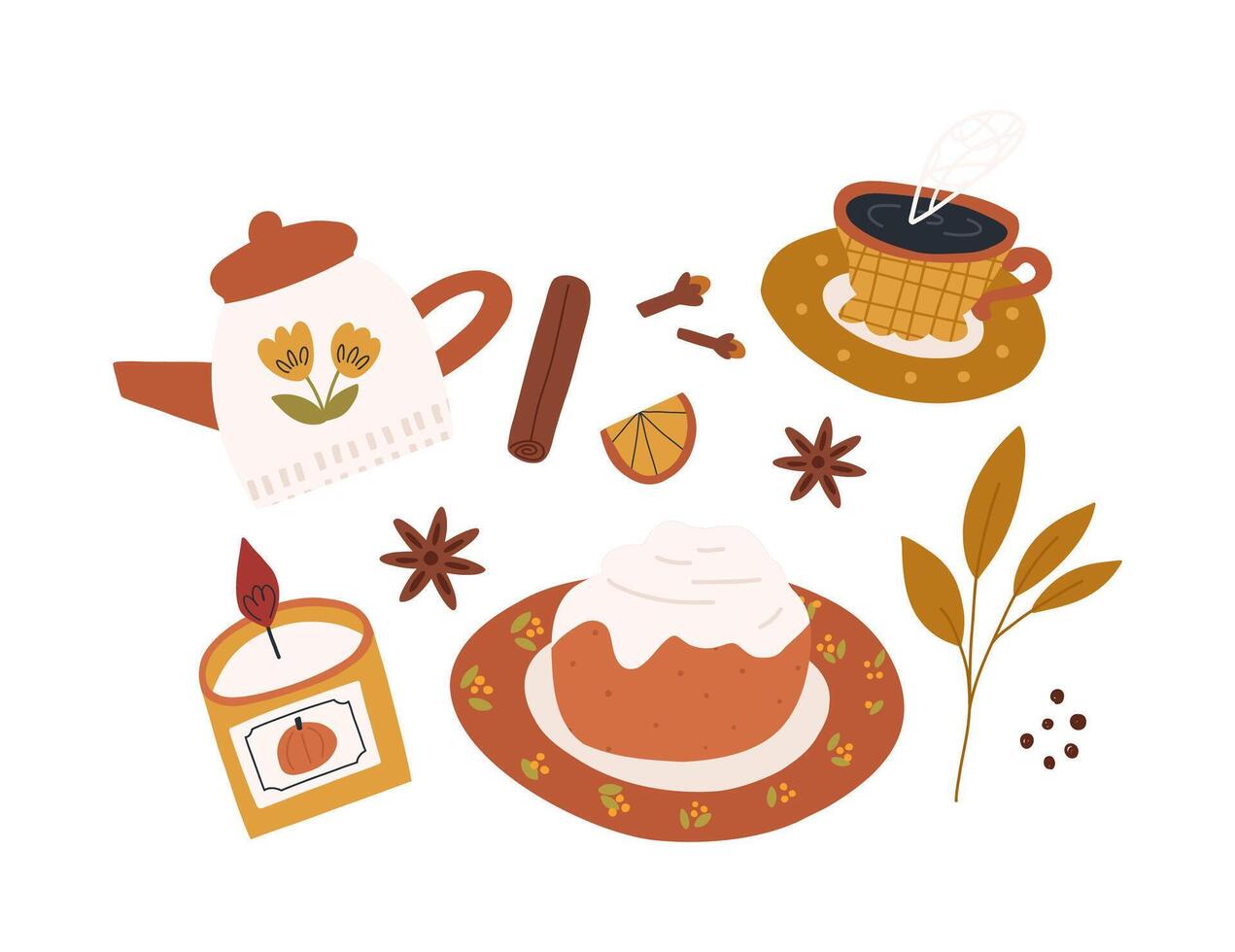 otoño elementos en linda dibujos animados plano vector estilo, aislado en blanco antecedentes. composición con acogedor mano dibujado otoño pegatinas - vela, canela rollo, tetera, taza, Clavo y anís estrella.