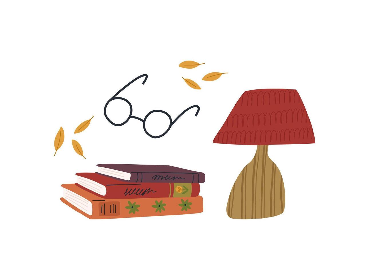 Cozy autumn reading, cartoon flat vector illustration isolated on white background. Cute hand drawn pile of books, old lamp, reading glasses and yellow leaves.