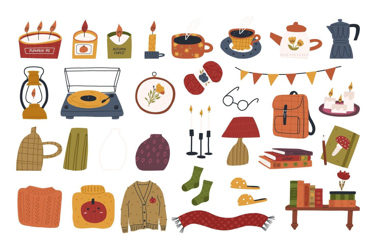 Set of cute autumn elements, cartoon flat vector illustration isolated on white background. Collection of seasonal stickers - candles, cozy sweaters, mugs, books, vinyl player. Back to school concept.