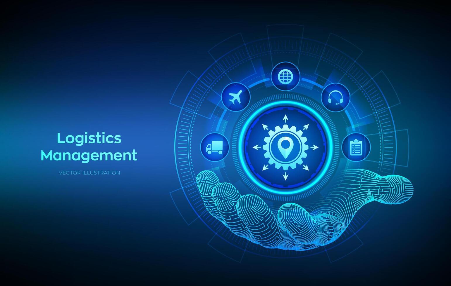 logística administración concepto. logístico icono en estructura metálica mano. inteligente logística y transporte. logístico global red distribución. negocio de transporte industrial. vector ilustración.