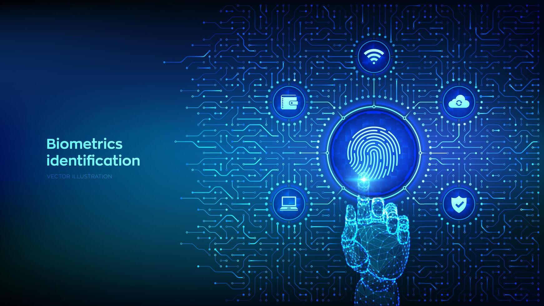 Fingerprint scanning. Biometrics identification. Personal Data protection. Cyber Security. Background with circuit board connections and tech icons. Wireframe hand pressing button. Vector Illustration