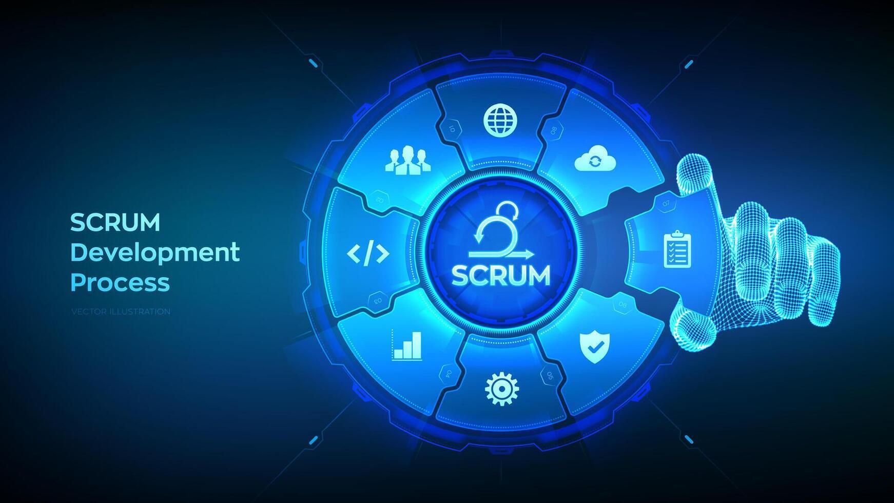SCRUM. Agile development methodology process. Iterative sprint methodology. Programming and application design concept. Wireframe hand places an element into a composition visualizing SCRUM. Vector. vector