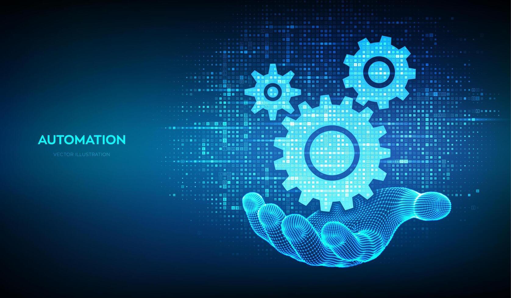 Automation and IOT software concept. Gears icons made with binary code in wireframe hand. Digital binary data and streaming digital code. Matrix background with digits 1.0. Vector Illustration.