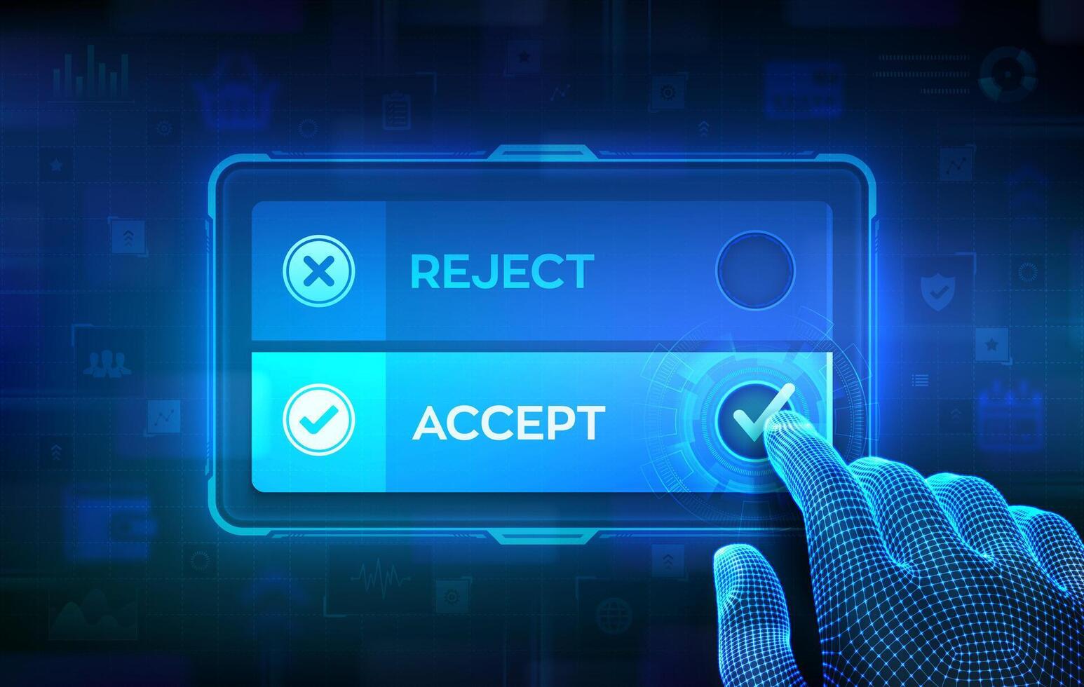 Accept or Reject. Making the decision or choice between accepting or rejecting. Approved or Disapproved icons. Hand on virtual touch screen ticking the check mark on Accept button. Vector illustration