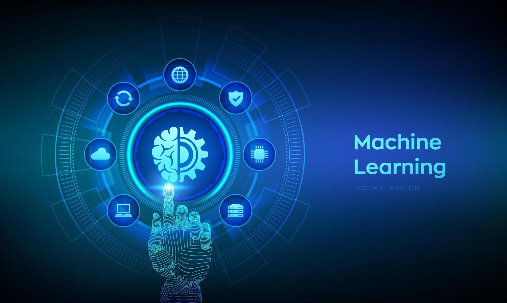 Machine learning. AI Artificial Intelligence. Deep learning. Data mining, Big Data, algorithm, neural network concept on virtual screen. Wireframe hand touching digital interface. Vector illustration.