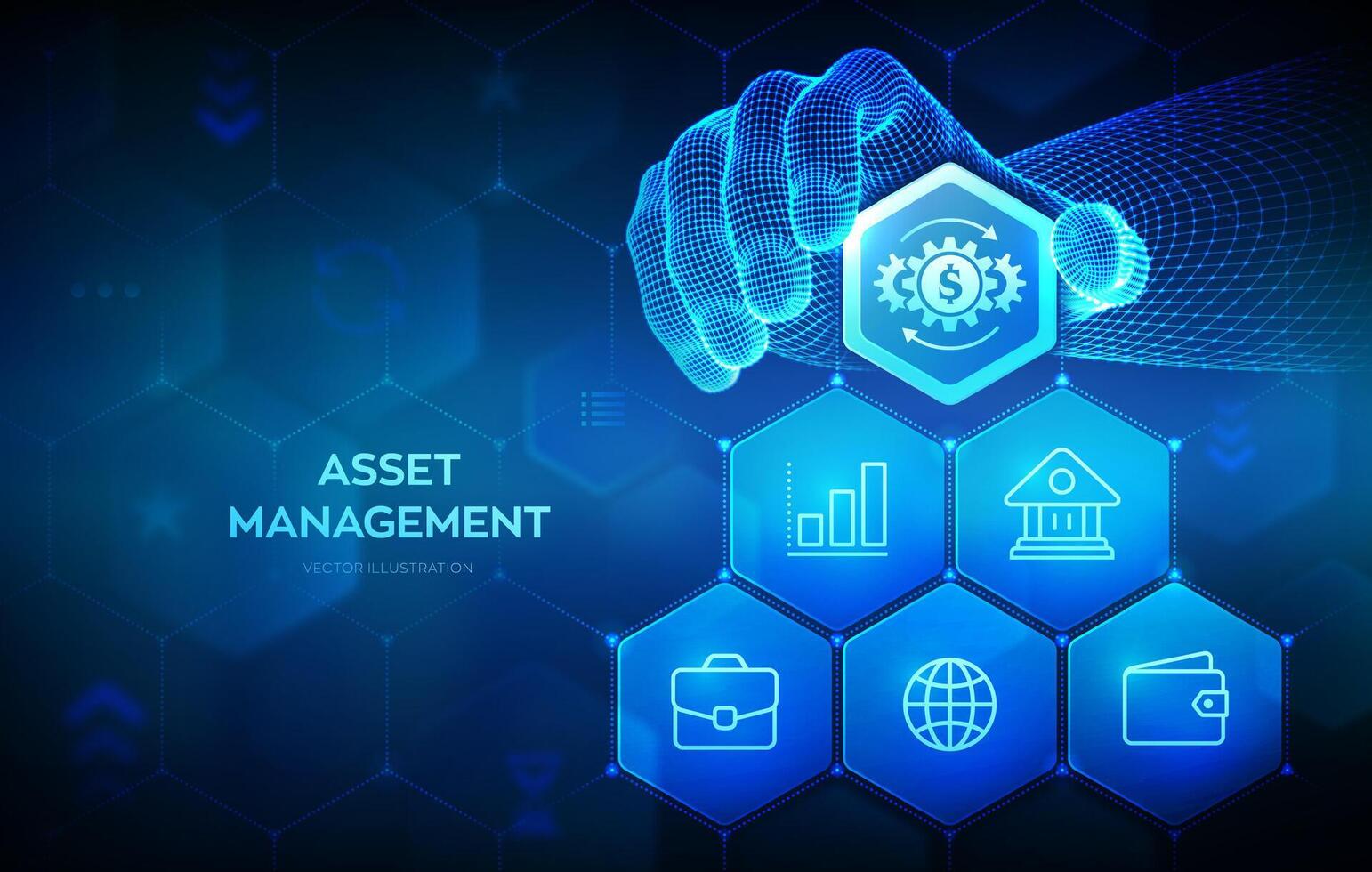 Asset management. Business investment banking payment technology concept on virutal screen. Wireframe hand places an element into a composition visualizing Asset management. Vector illustration.