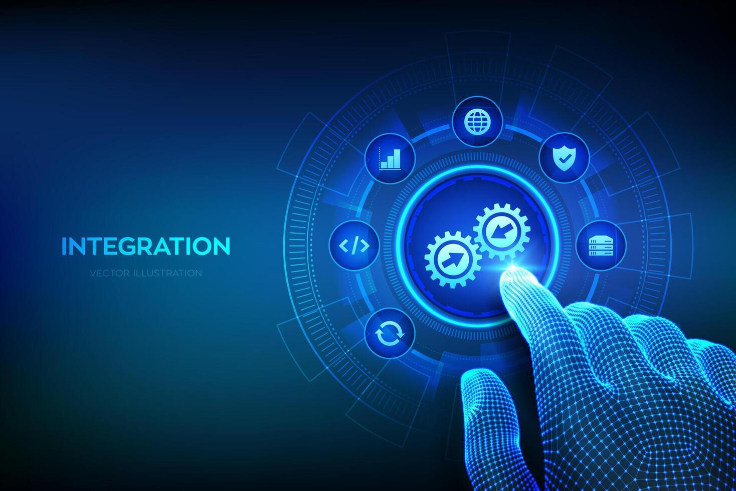 integración datos sistema. sistema integración concepto en virtual pantalla. industrial inteligente tecnología. negocio automatización soluciones estructura metálica mano conmovedor digital interfaz. vector ilustración.