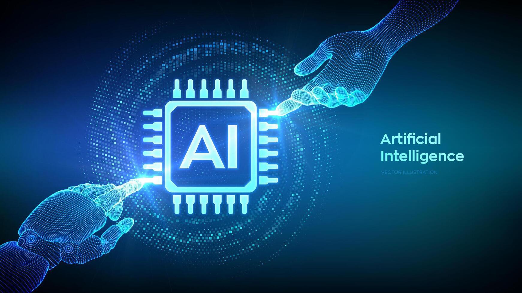 AI. Artificial Intelligence. Hands of Robot and Human touching Artificial Intelligence icon with binary code. Machine Learning technology concept. Neural networks. Vector illustration.