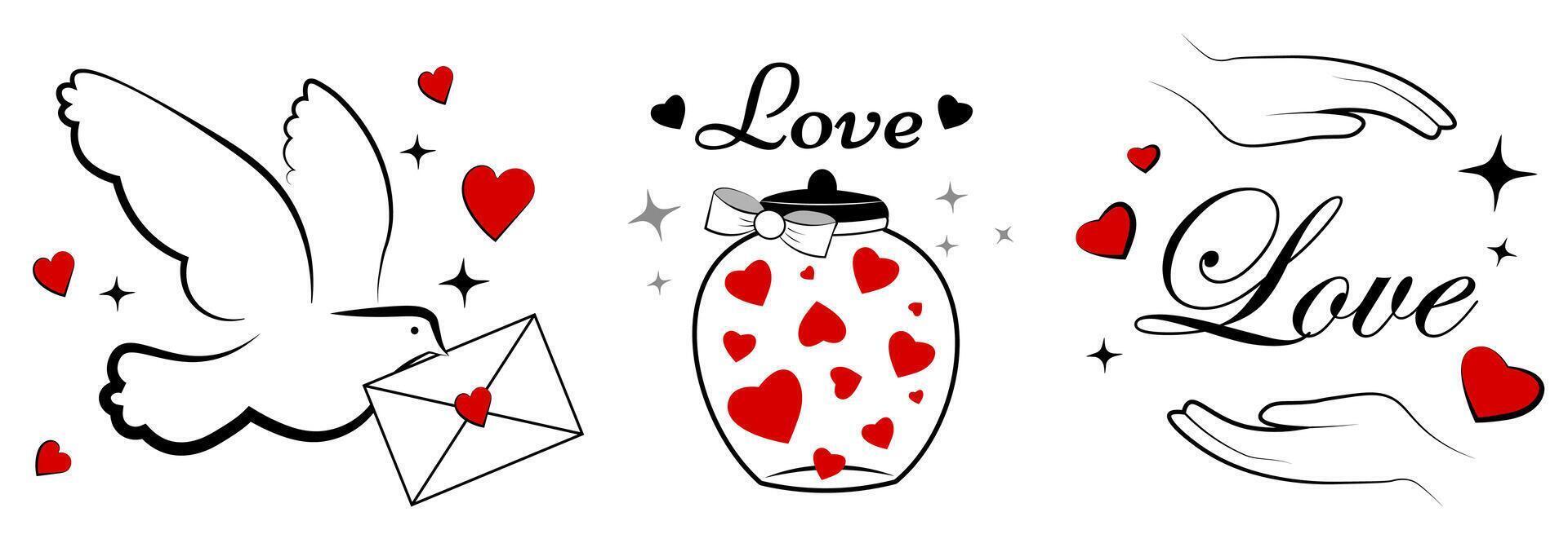 San Valentín día. garabatear. conjunto de ilustraciones con rojo corazones vector
