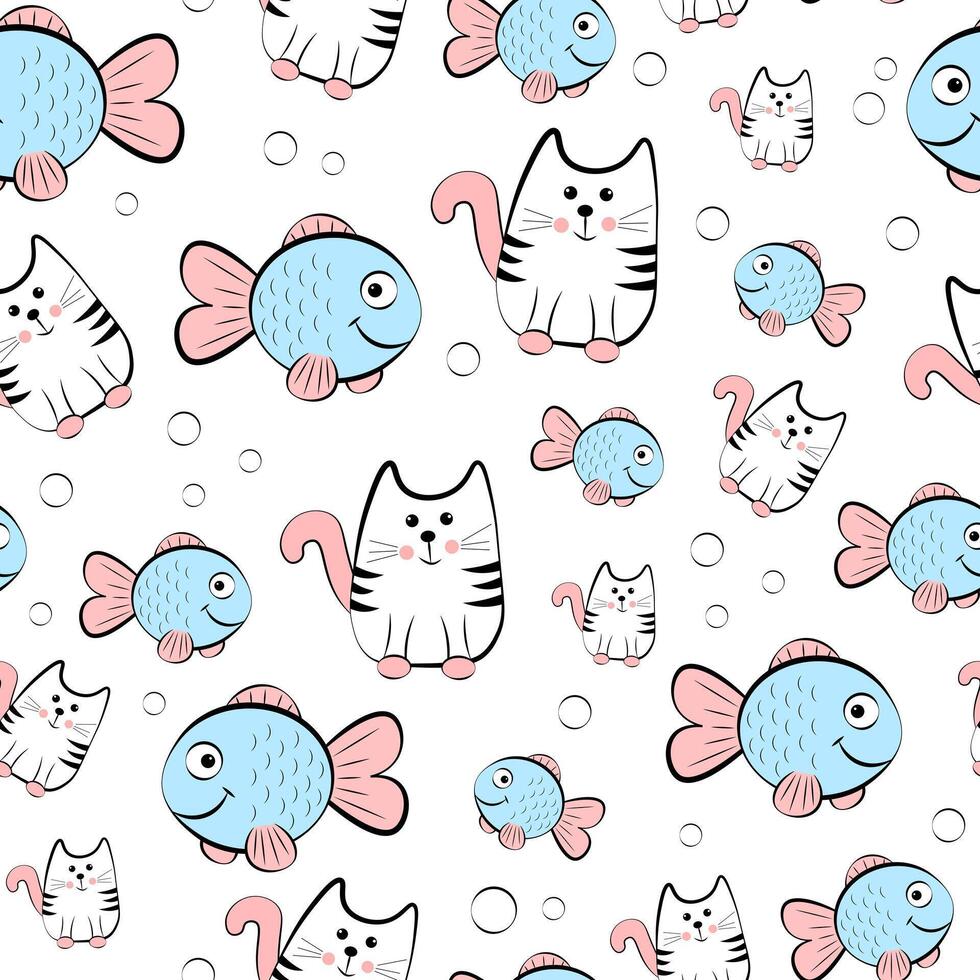 sin costura textura con gatos y pescado vector