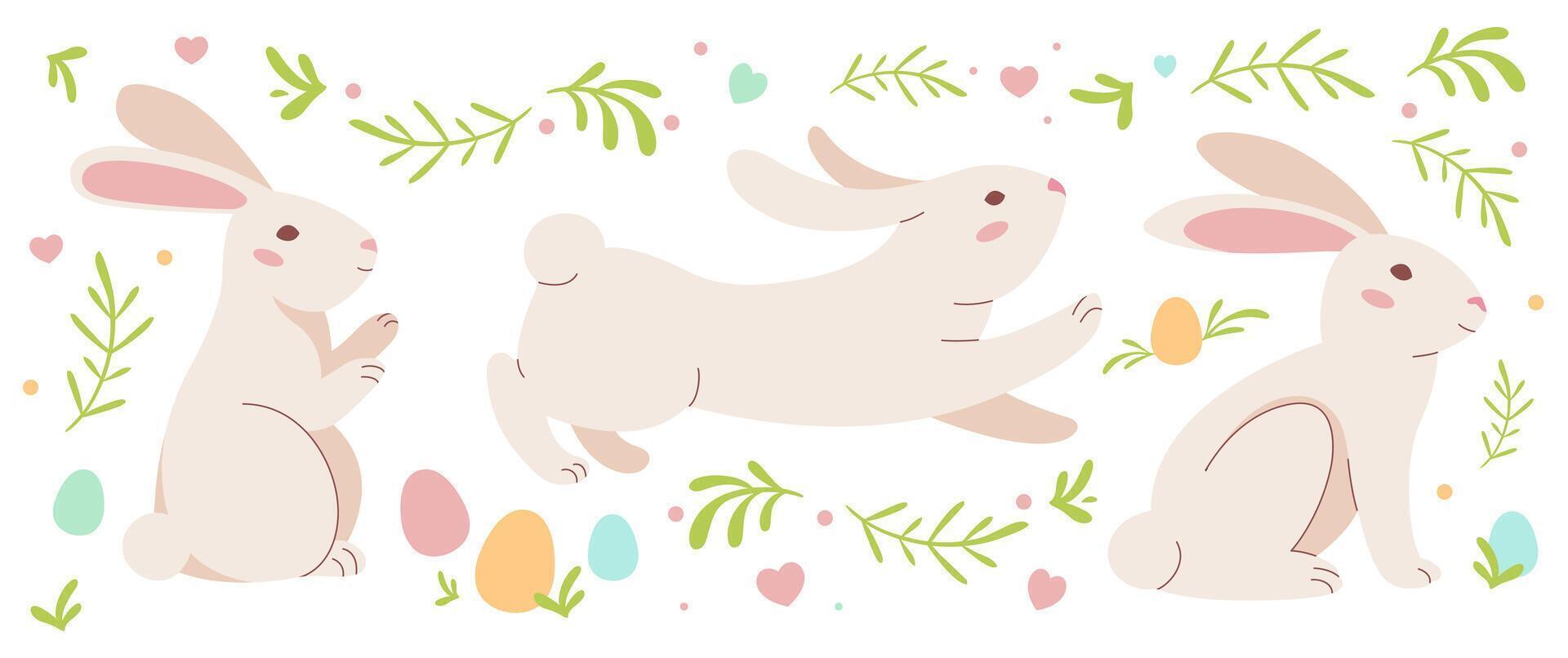 Easter cute bunny with painted eggs set. Adorable Easter rabbit with traditional festive decor. Floral abstract decoration. Vector Illustration for stickers, cards, packaging. Background pastel colors