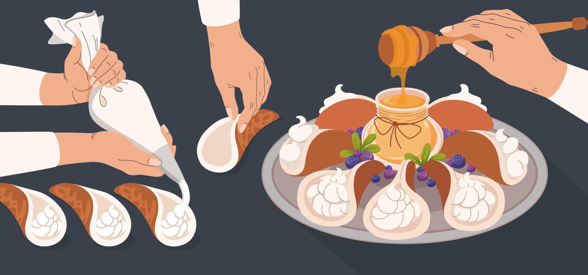Cooking Process sweet pastries. Arabic pancakes with cream filling. Pastry Bag icing. Human hands. Honey in glass jar. Muslim desert for holiday of Eid al Fitr. Vector flat illustration.