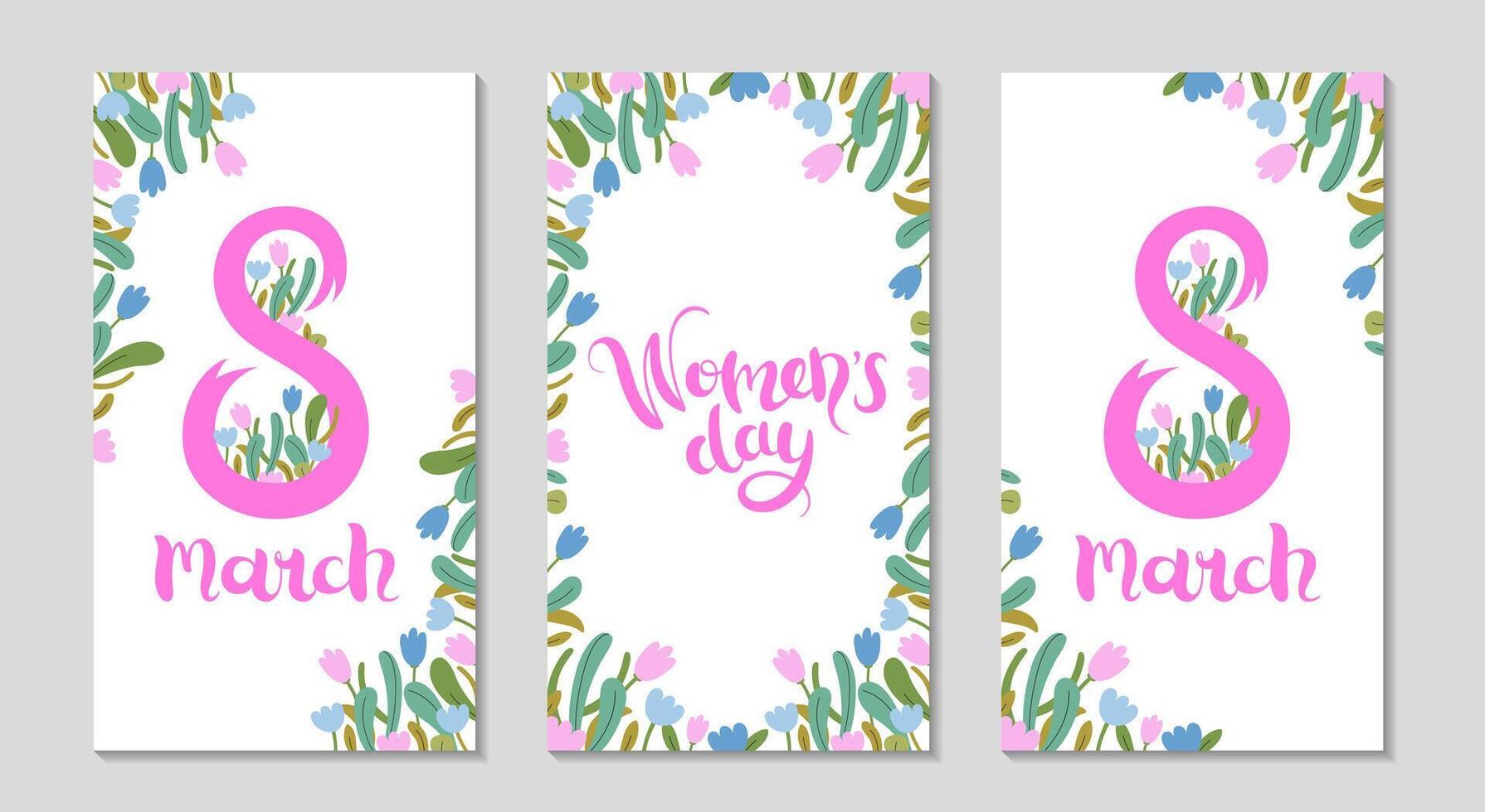 International Women's day long greeting stories post set. Floral festive frame for Social media. Spring holidays vertical templates. 8 march lettering. Congratulating background. Vector illustration.