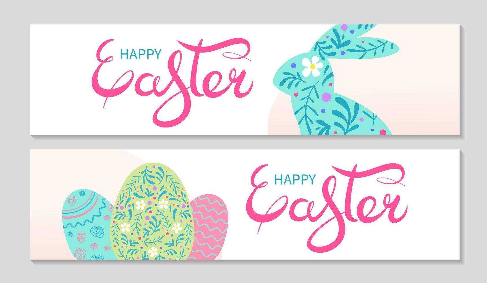 Happy Easter banners set, party invitation background. Rabbit in floral pattern and colored eggs. Hand drawn Happy Easter lettering. Horizontal greeting background, for web. Vector flat illustration.