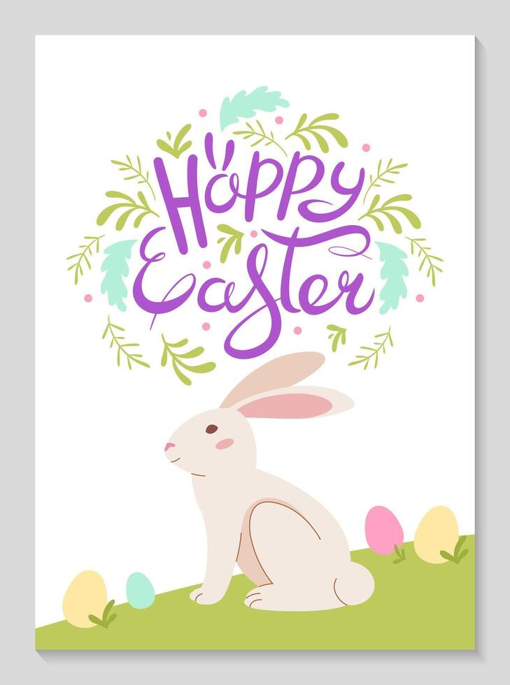 Happy Easter poster with hand drawn rabbit and floral wreath. Modern minimal style Vertical Greeting Card. Cute Easter bunny and lettering. Festive background for invitations. Vector flat illustration