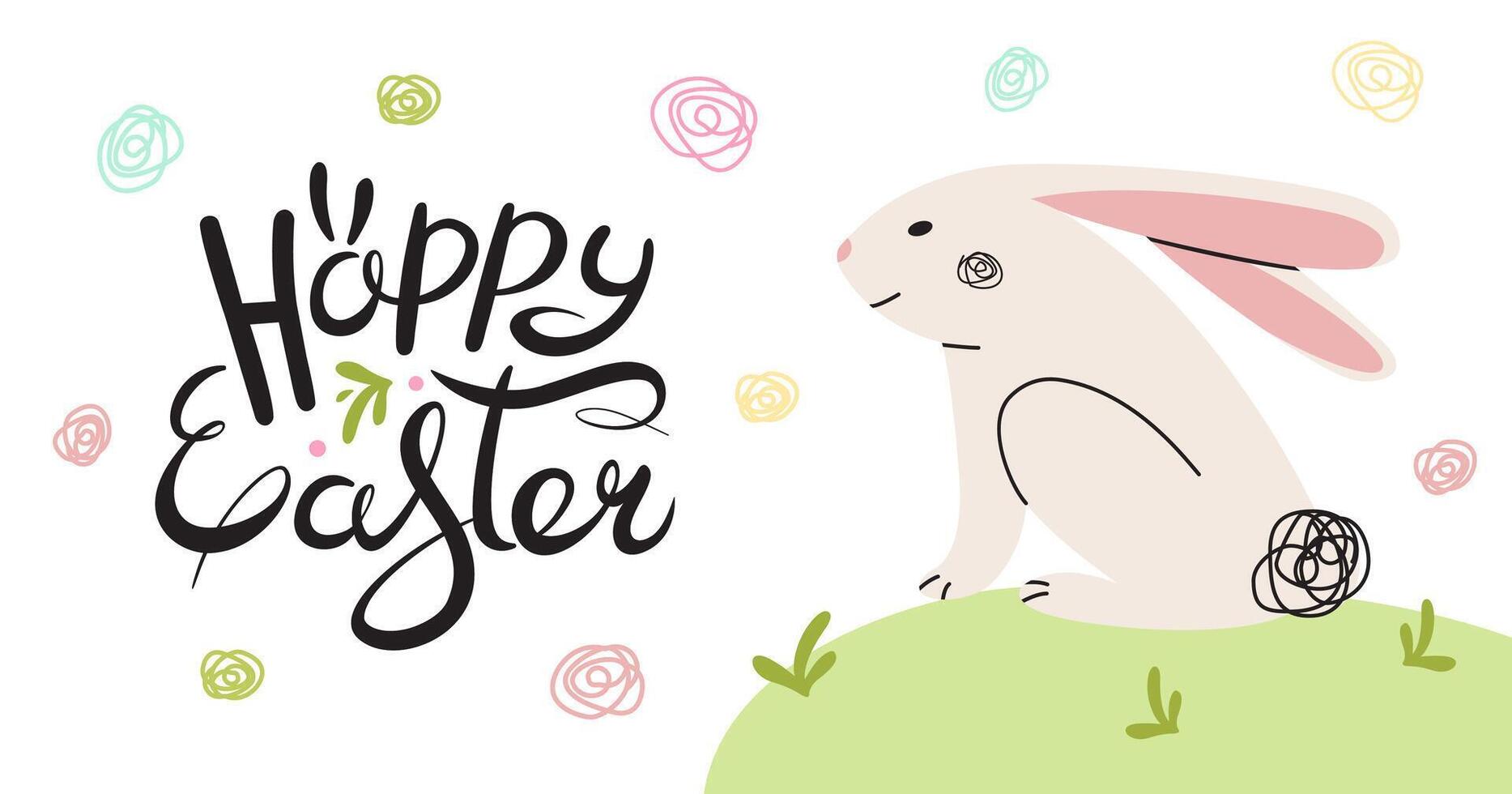 Modern happy Easter banner with hand drawn rabbit. Modern minimal style. Horizontal Greeting Card. Cute Easter bunny and lettering. Festive background for invitations. Vector flat illustration.