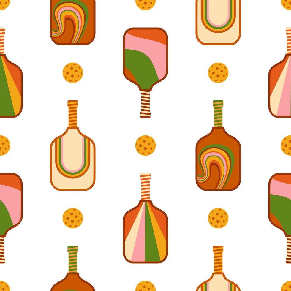 Pickleball seamless pattern in groovy retro 70s design. Summer sport repeat background. Vector tennis print, wallpaper, textile, fabric, package design. Vintage pickleball paddle balls illustration